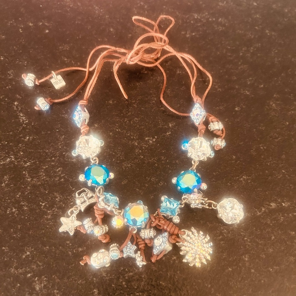 Vintage marked OTAZU statement necklace with bag  Swarovski Crystals leather